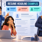 Animated professionals at different career levels reviewing resume headline examples.