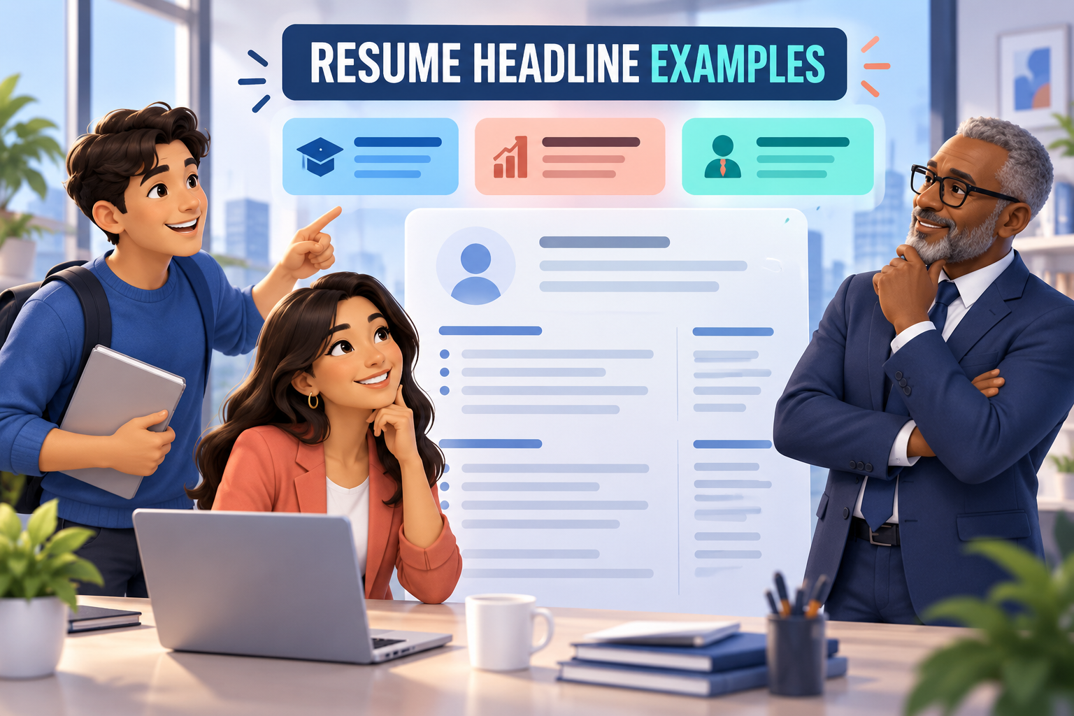 Animated professionals at different career levels reviewing resume headline examples.