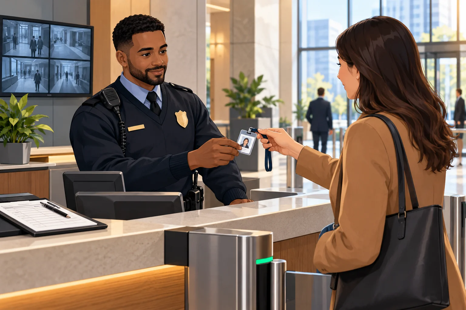 Illustrated security guard checking a visitor’s ID badge at an office entrance, with surveillance monitors and an activity log nearby.
