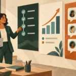 Professional presenting completed project milestones, an improvement chart, and positive customer feedback