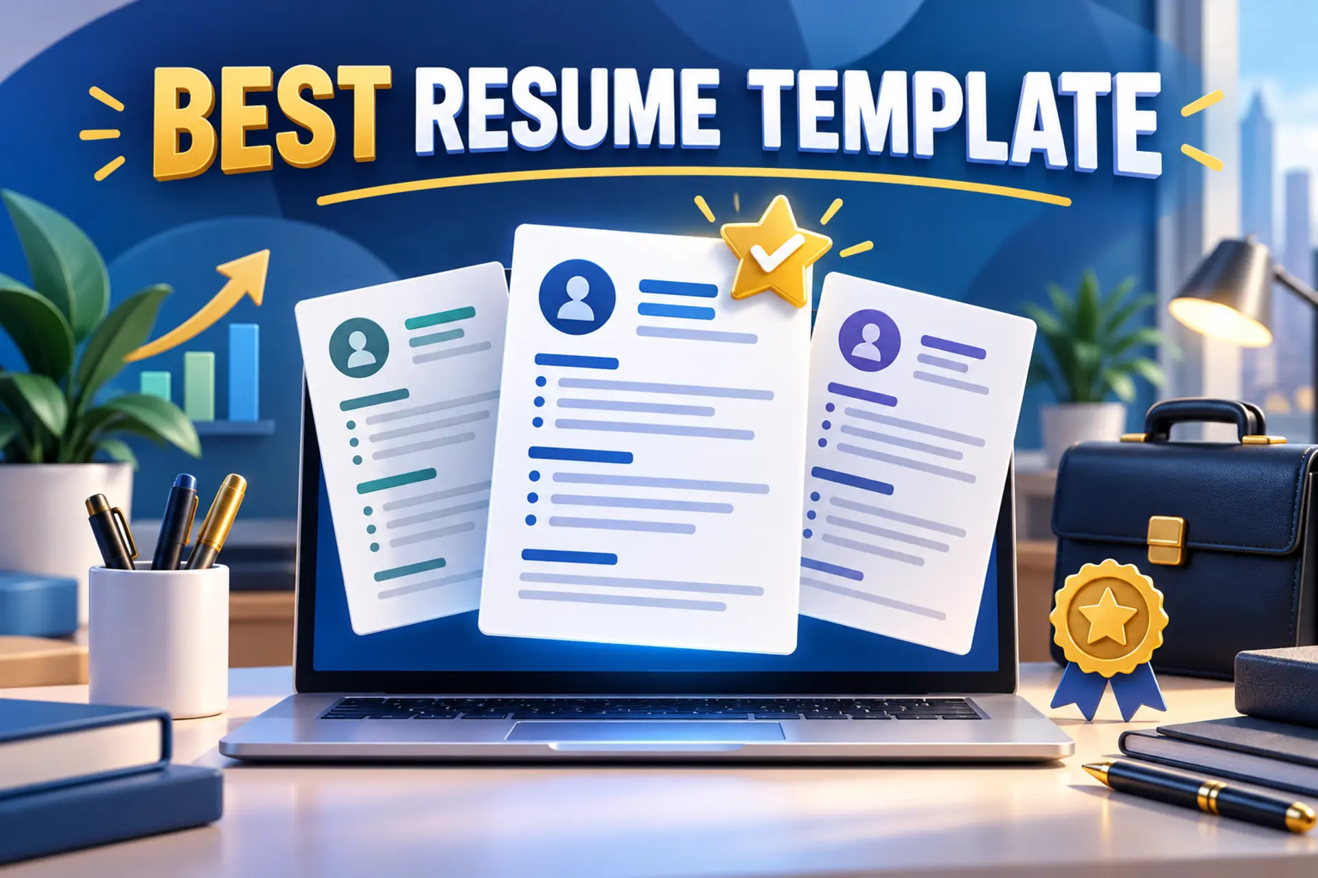 Animated illustration showing three professional resume templates on a laptop with achievement and career-growth symbols