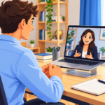 Student speaking with an interviewer on a laptop at a tidy desk with a notebook and water.