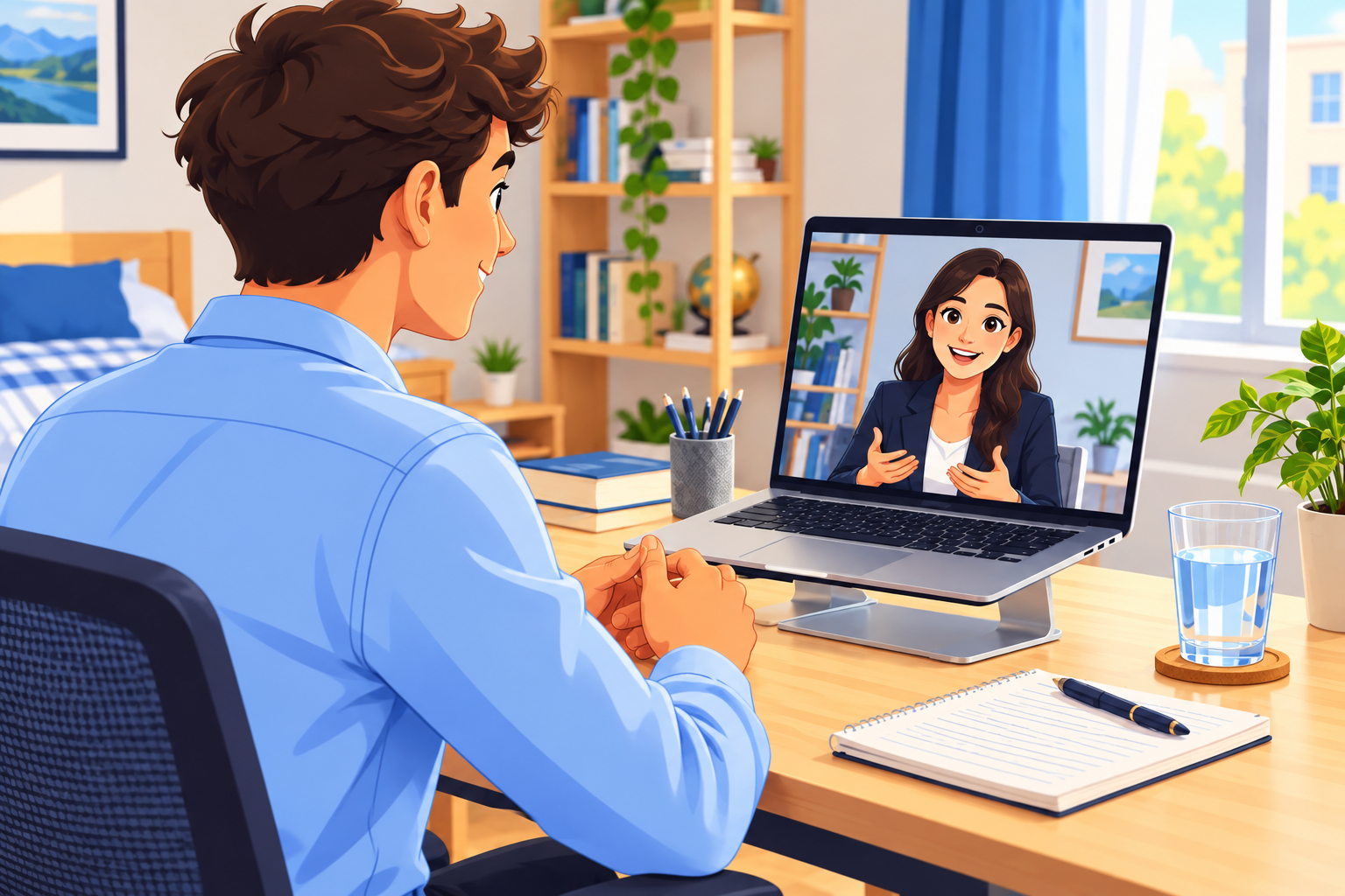 Student speaking with an interviewer on a laptop at a tidy desk with a notebook and water.