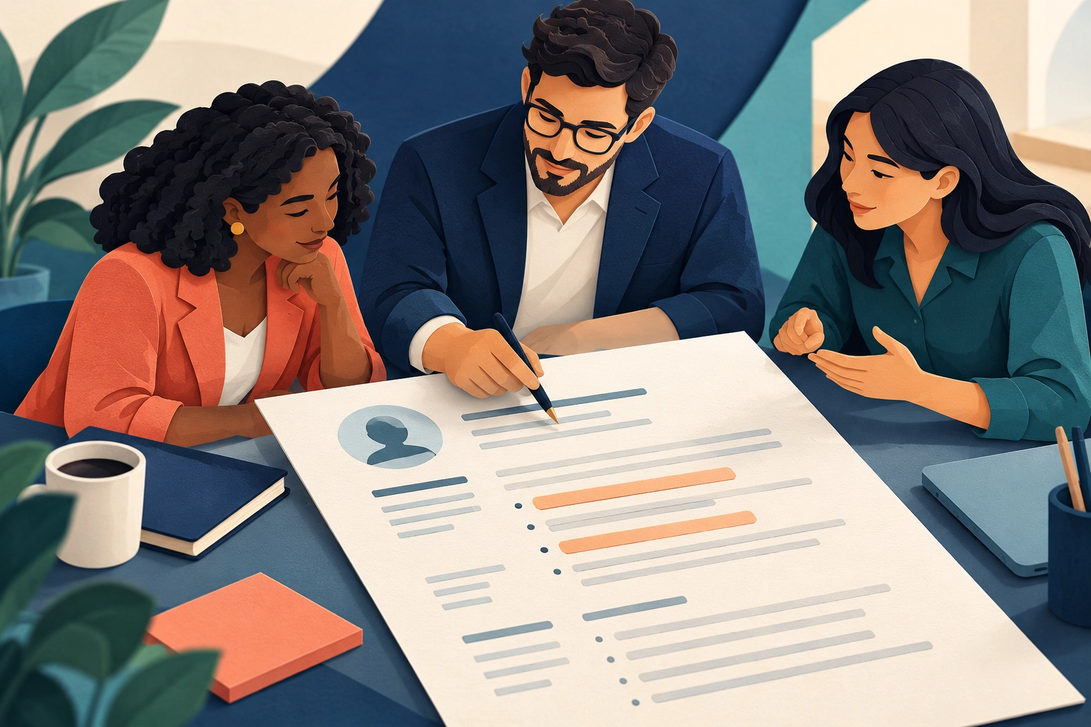 Three colleagues review a resume together, highlighting examples of leadership experience and workplace achievements.