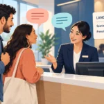 Illustration of a professional speaking with visitors beside a resume language section listing Spanish as fluent and French as conversational