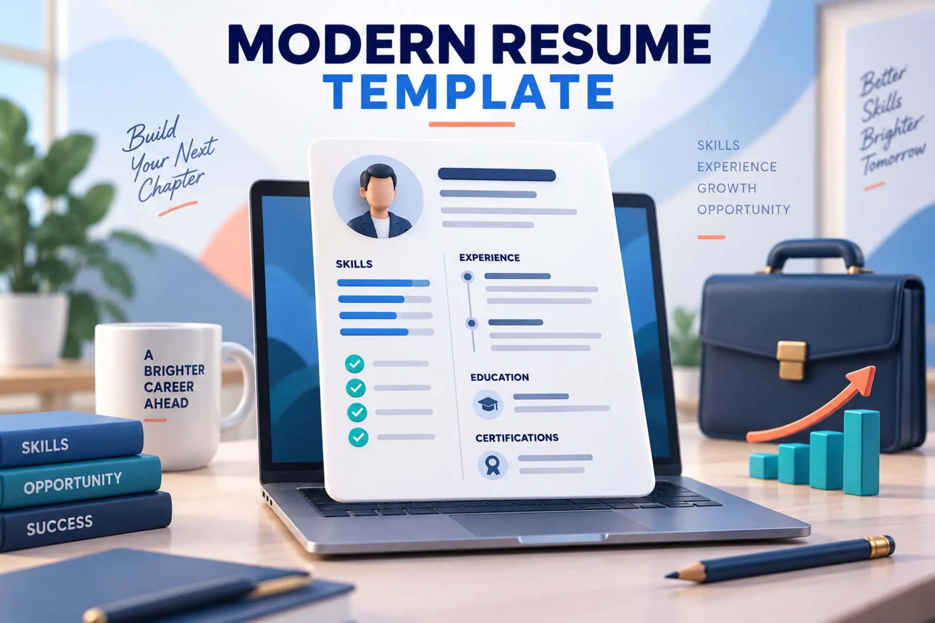 Animated modern resume template displayed on a laptop with professional career development elements