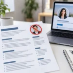 Professional resume with a crossed-out headshot beside a laptop displaying a LinkedIn profile.