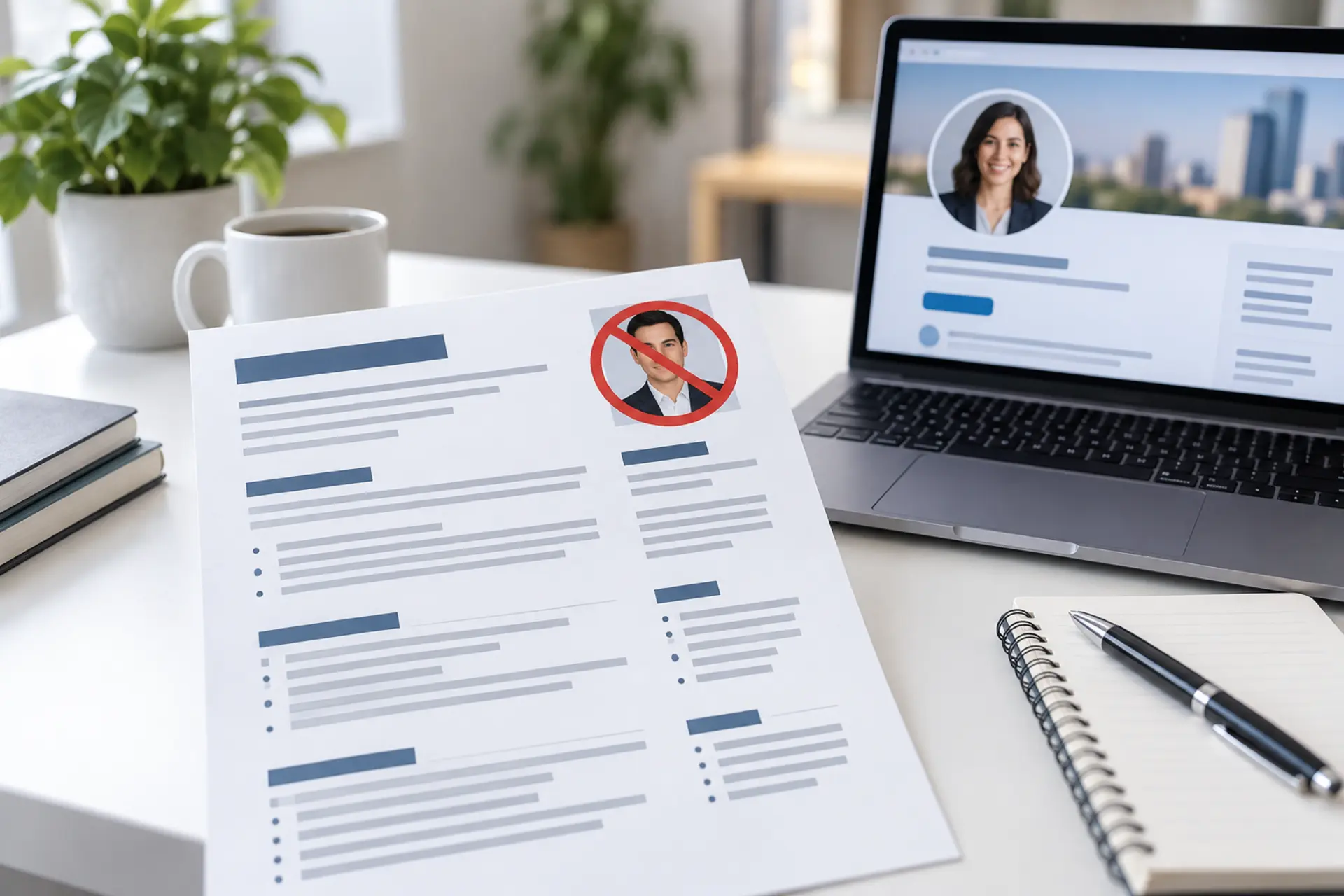 Professional resume with a crossed-out headshot beside a laptop displaying a LinkedIn profile.