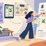 Illustration of a person selecting project examples and placing them in a resume’s projects section