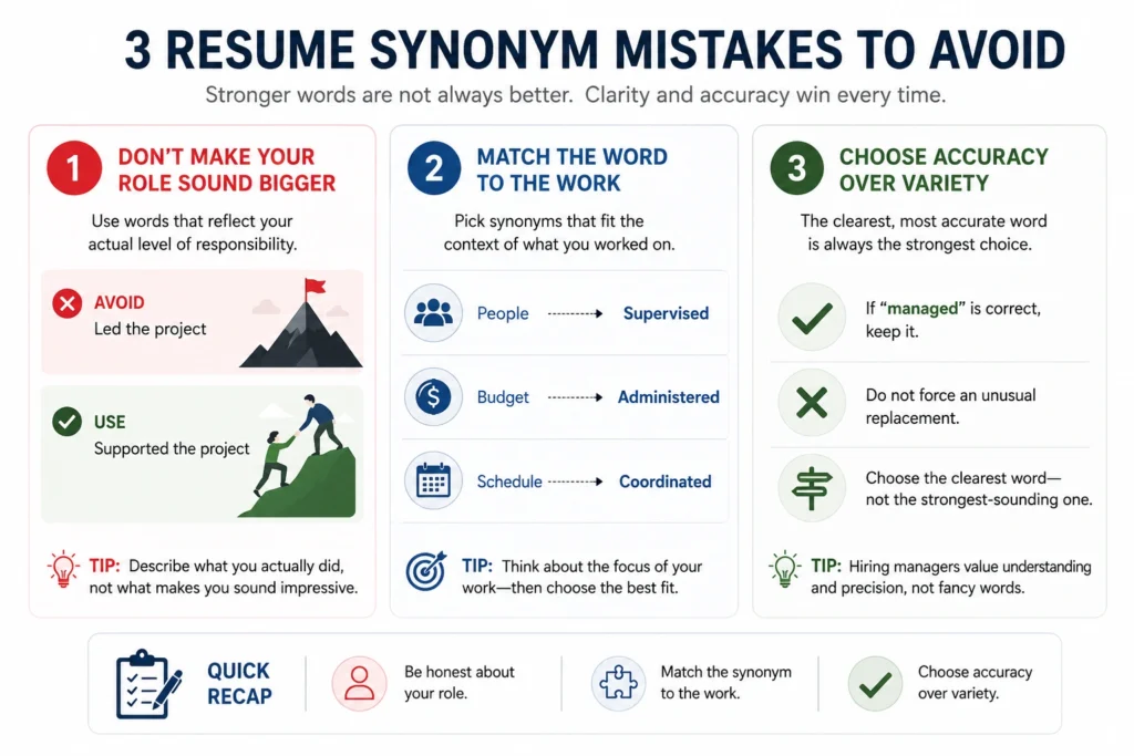 Infographic showing three resume synonym mistakes: overstating your role, using the wrong word for a task, and replacing an accurate word only for variety.