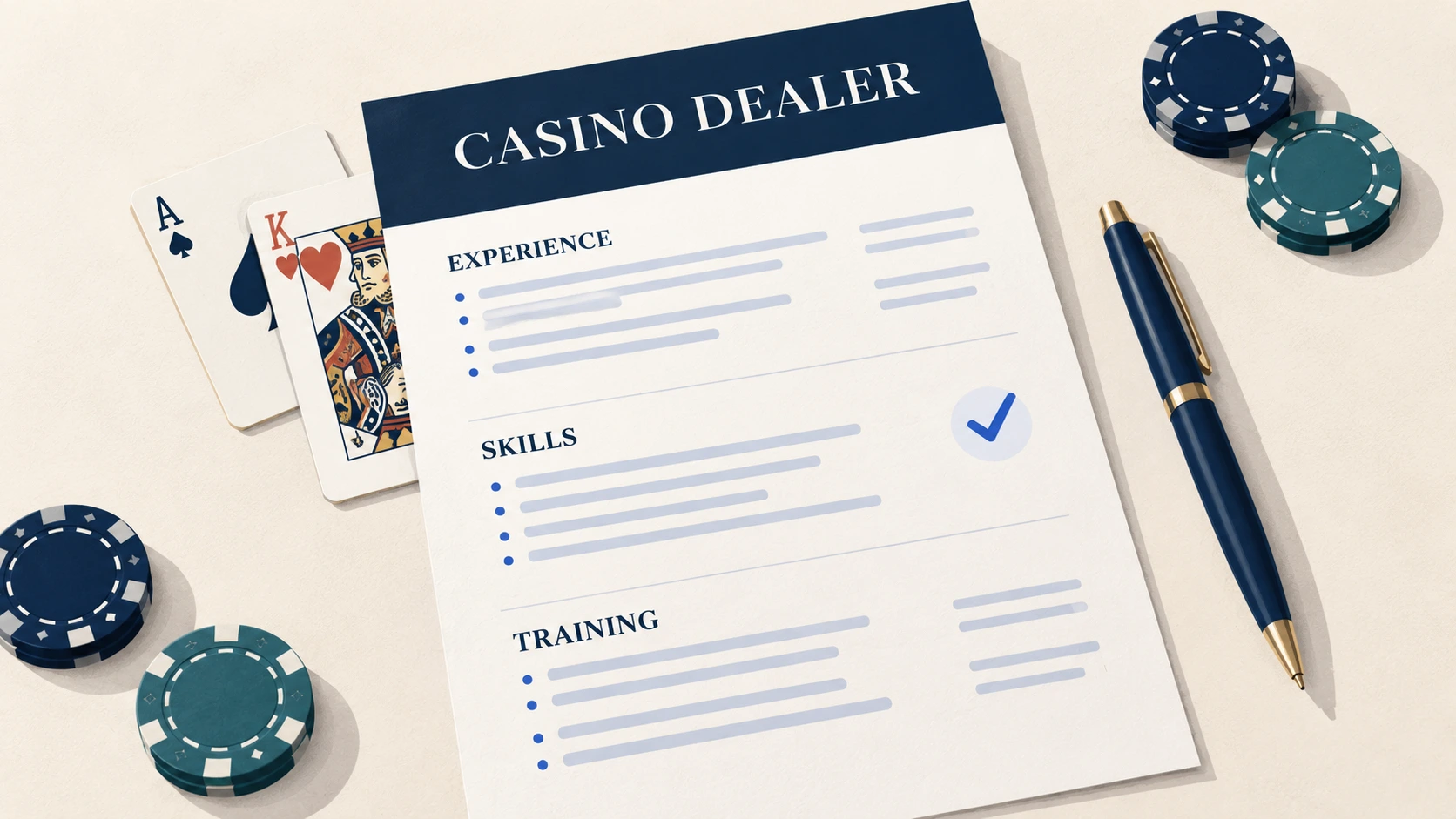 Casino dealer resume with experience, skills and training sections beside playing cards, chips and a pen.