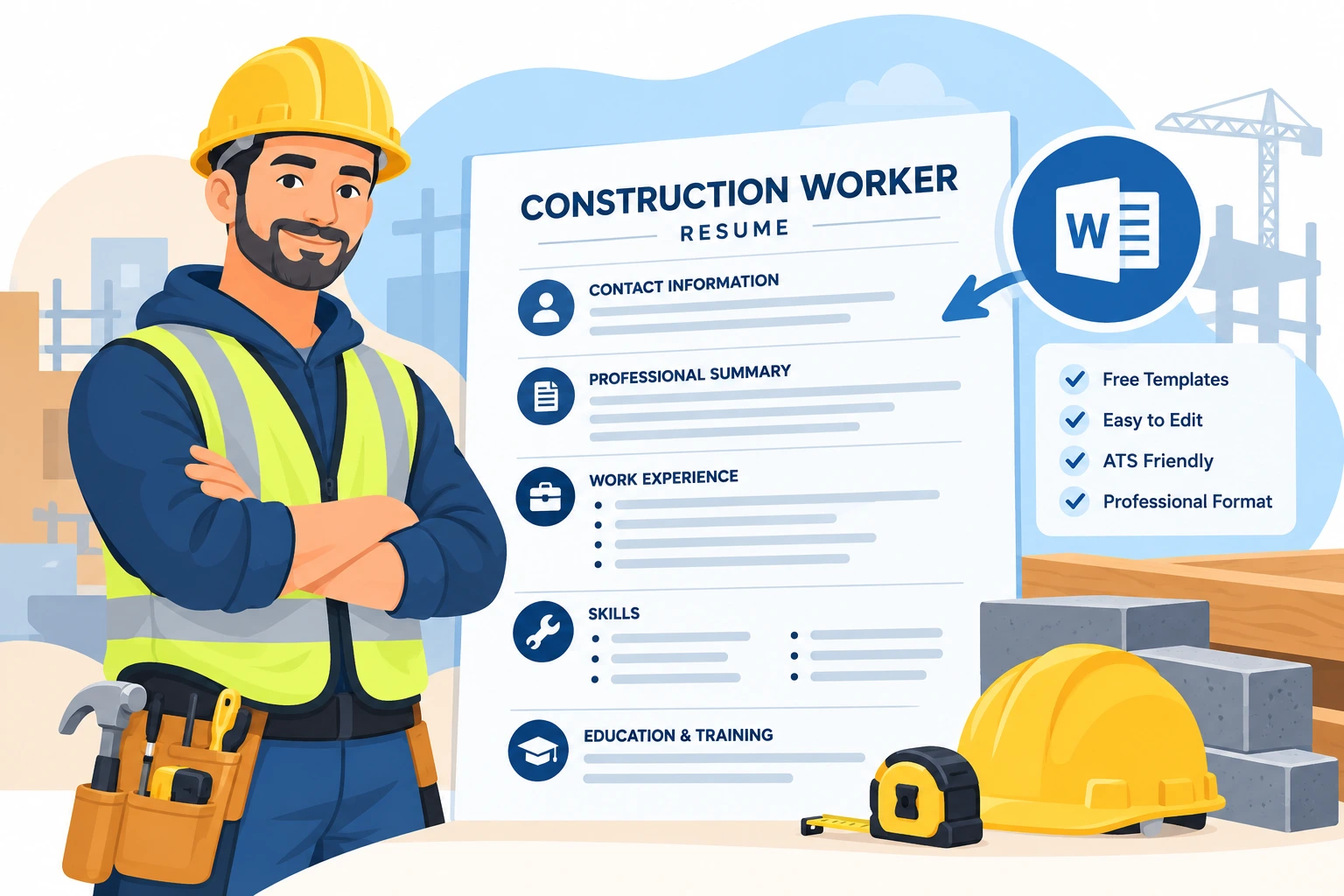 Illustration of a construction worker beside a resume showing work experience, skills, education, and training, with free Word templates.