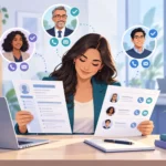 Professional reviewing a resume and a separate reference list featuring three verified professional contacts with phone and email icons.