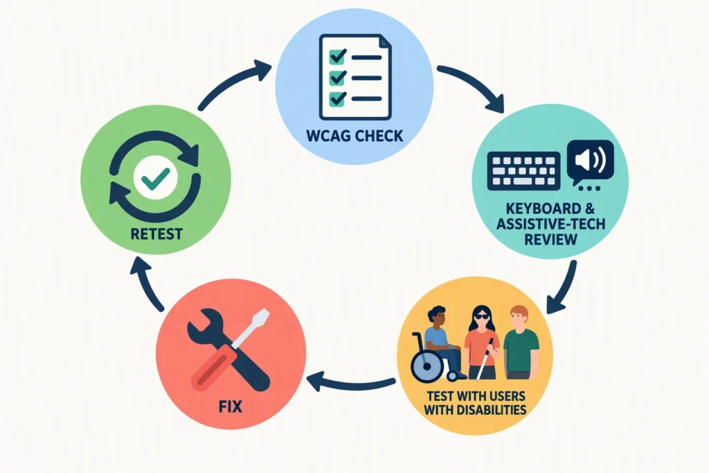 accessibility-evaluation-loop An accessibility review loop combines guidelines, keyboard and screen-reader checks, feedback from people with disabilities, fixes, and another test.
