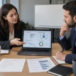 A candidate and interviewer review an anonymized account plan, stakeholder map, and generic customer-risk dashboard.