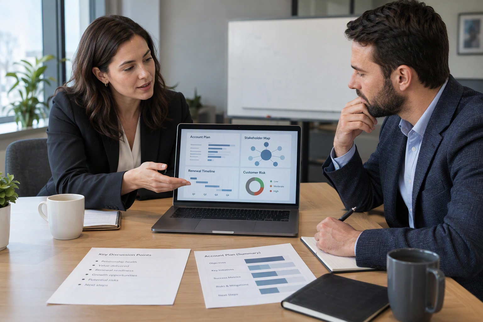 A candidate and interviewer review an anonymized account plan, stakeholder map, and generic customer-risk dashboard.