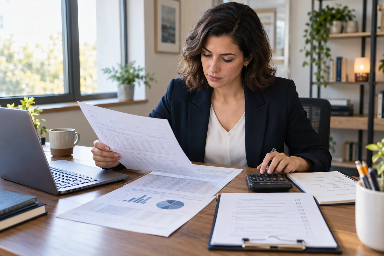 An accountant prepares interview examples beside a reconciliation and close checklist.