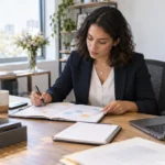 An administrative professional prepares interview examples beside a calendar and organized notes.
