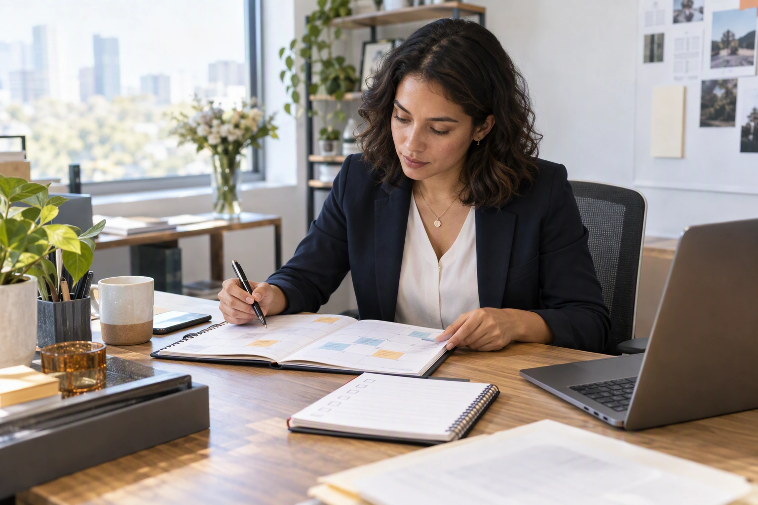 An administrative professional prepares interview examples beside a calendar and organized notes.