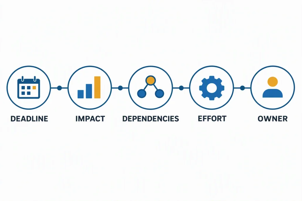 administrative-priority-filter Five priority checks cover deadline, impact, dependencies, effort, and the person in charge.