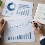 A professional compares an abstract report, handwritten notes, and a chart while identifying a meaningful pattern.