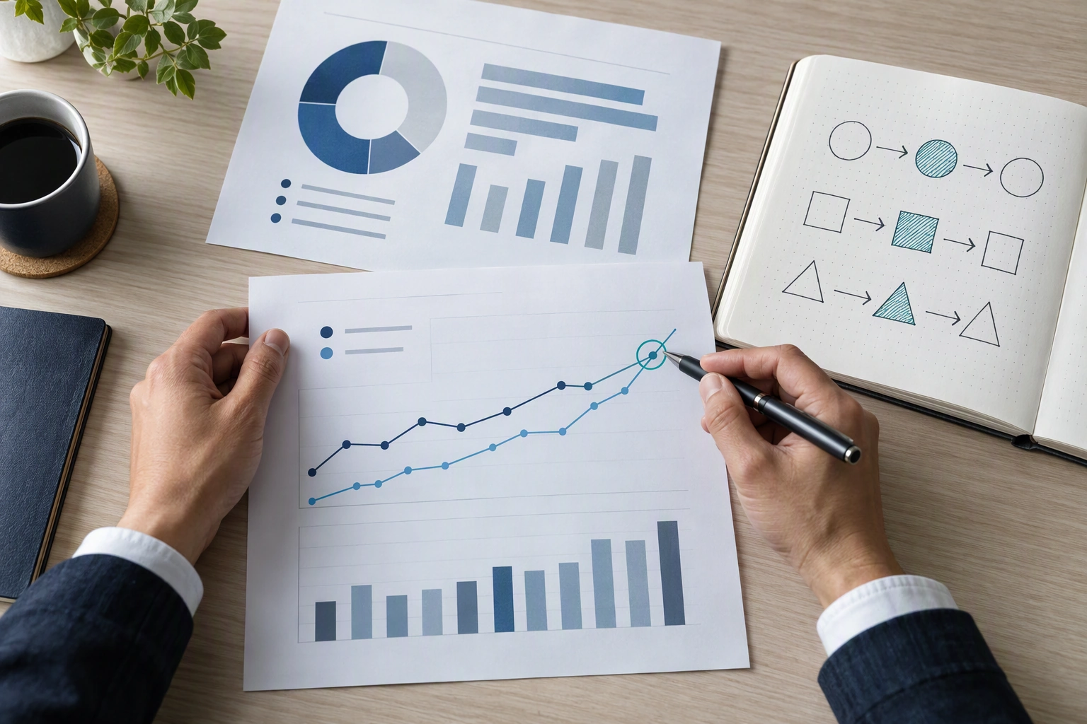 A professional compares an abstract report, handwritten notes, and a chart while identifying a meaningful pattern.