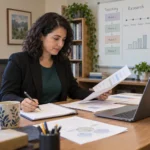 A faculty candidate prepares teaching, research, and service examples beside a laptop, notebook, and abstract course board.