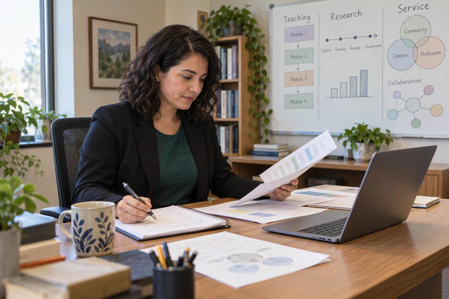 A faculty candidate prepares teaching, research, and service examples beside a laptop, notebook, and abstract course board.