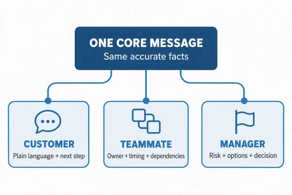 One core message branches to a customer, teammate, and manager with different communication cues.