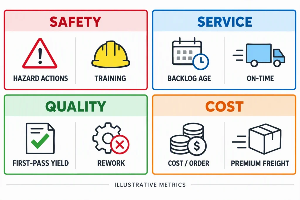 A balanced operations scorecard groups illustrative measures under safety, service, quality, and cost.