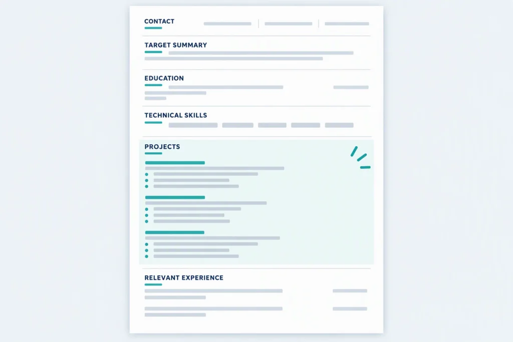 A one-page graduate resume blueprint prioritizes contact details, target summary, education, skills, projects, and relevant experience.