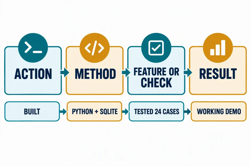 A project bullet formula connects an action and technical method to a feature, quality check, and verifiable result.