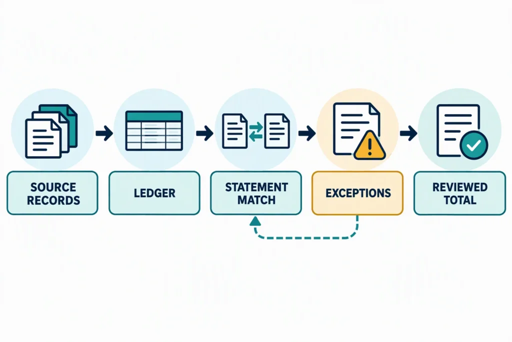 A reconciliation workflow moves from source records through a ledger and statement match to exceptions and a reviewed total.