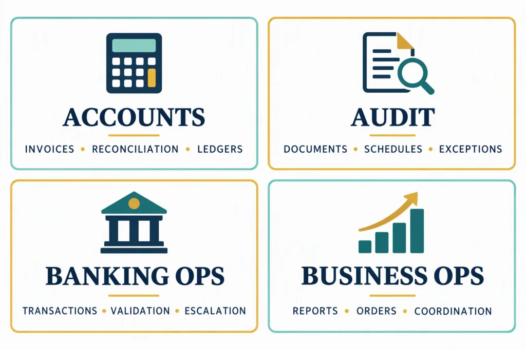 Four role cards connect entry-level commerce jobs with the records, checks, and reports each one values.