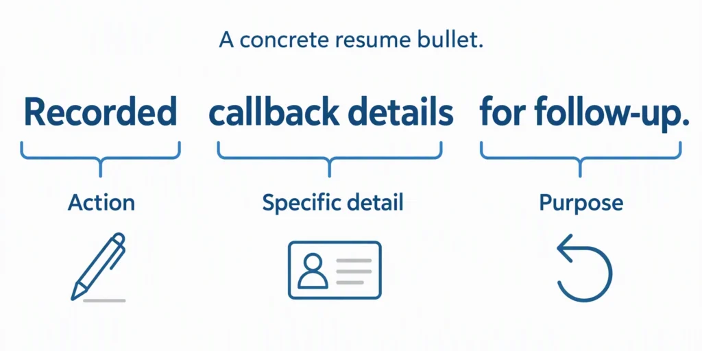 show-an-action-detail-and-purpose An annotated resume bullet connects an action, specific information, and a useful purpose.