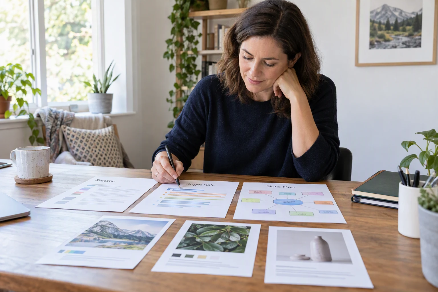 A career changer compares a target job posting with a resume, skills map, and small portfolio of relevant work samples