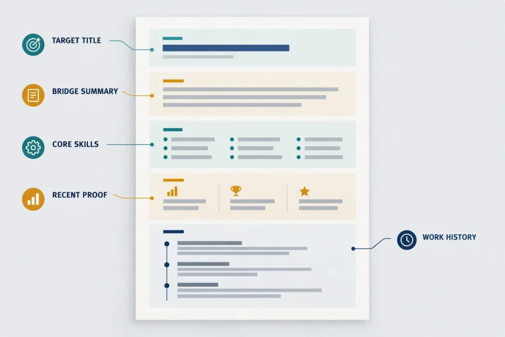 An annotated resume blueprint places a target title, bridge summary, core skills, and recent proof above a clear work timeline.