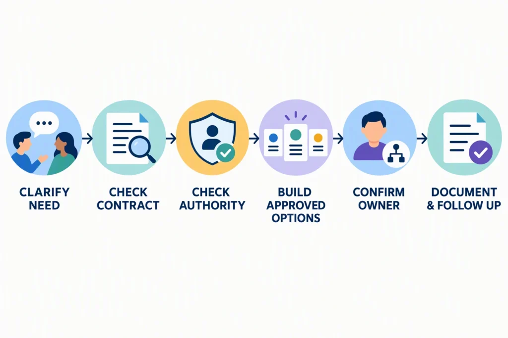client-request-authority-workflow A client request moves through need clarification, contract and authority checks, approved options, ownership, and documented follow-up.