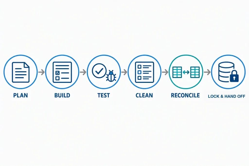 A six-stage clinical data lifecycle runs from study planning through database lock and handoff