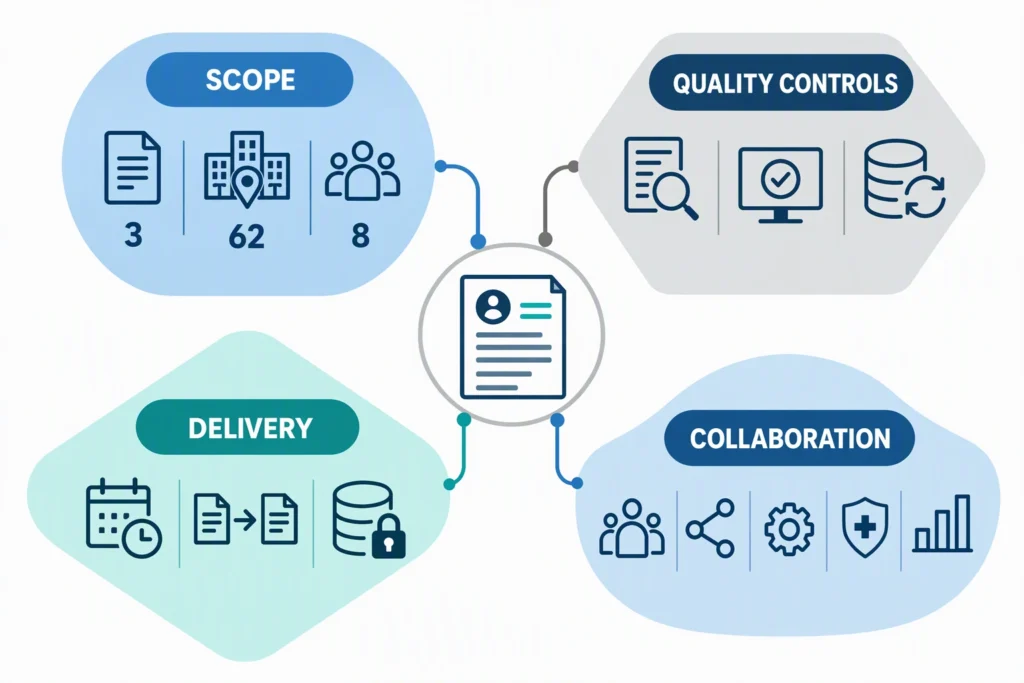 A resume evidence map connects clinical data work to scope, quality controls, delivery, and collaboration.