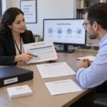A clinical research coordinator candidate and interviewer review a de-identified visit calendar, a consent checklist, and a study workflow.