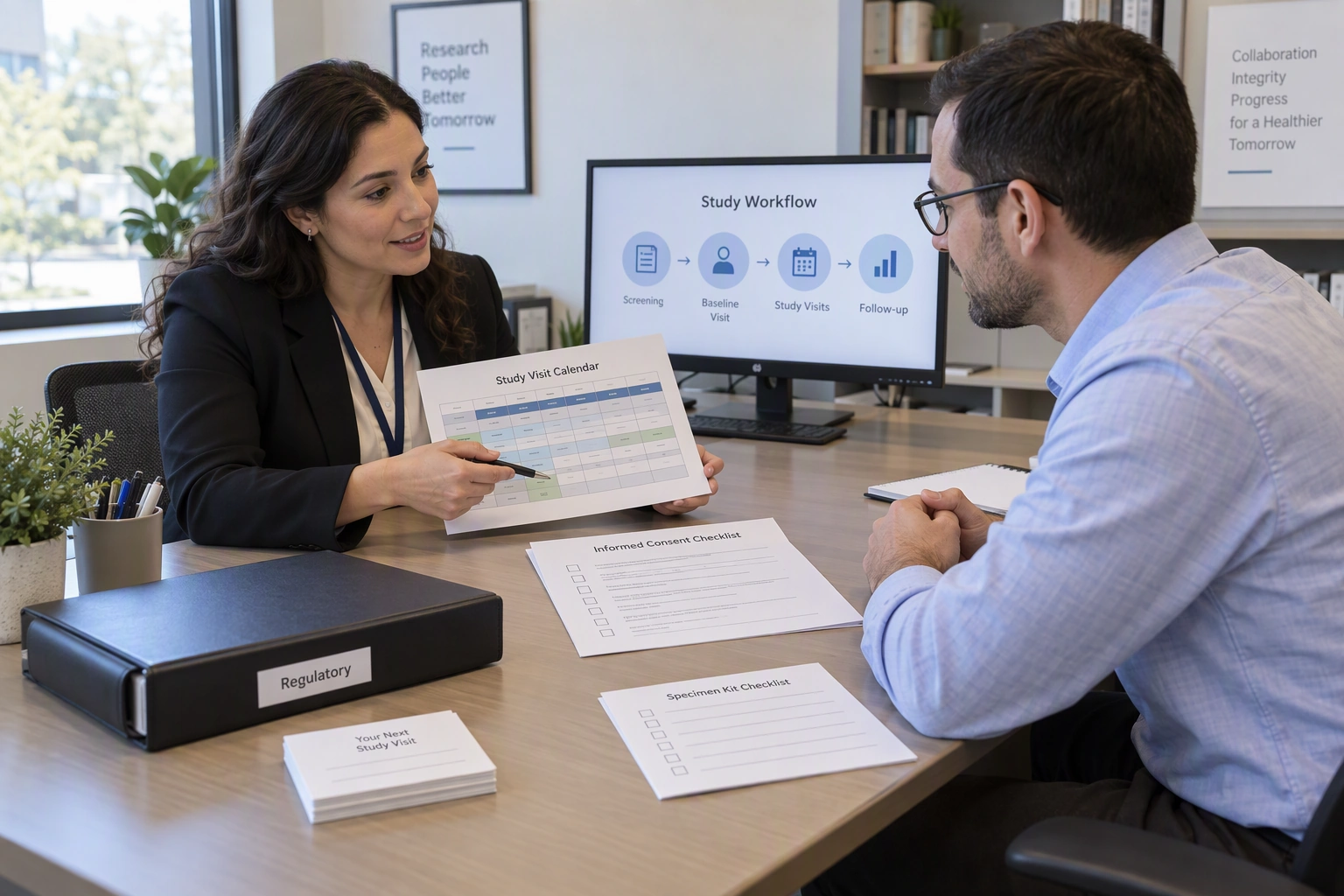 A clinical research coordinator candidate and interviewer review a de-identified visit calendar, a consent checklist, and a study workflow.