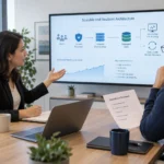 A cloud engineering candidate and interviewer review a provider-neutral architecture, recovery plan, and cost dashboard.