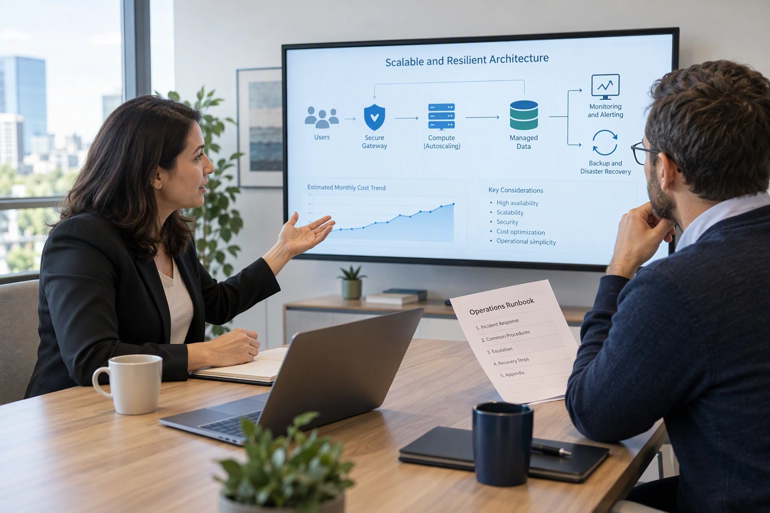 A cloud engineering candidate and interviewer review a provider-neutral architecture, recovery plan, and cost dashboard.