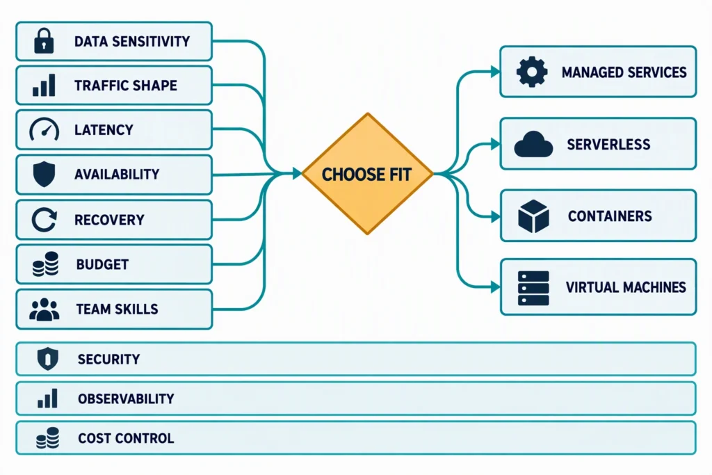 cloud-service-model-decision-map-v2 A decision map connects workload requirements to managed services, serverless functions, containers, or virtual machines, with cross-cutting operational controls.