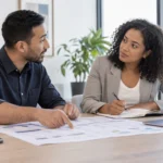 Two colleagues listen to each other while reviewing a shared project plan at a table