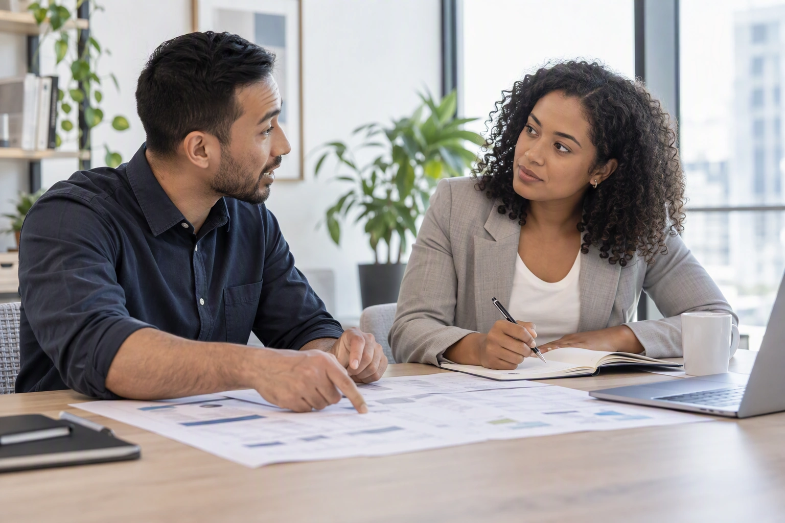 Two colleagues listen to each other while reviewing a shared project plan at a table