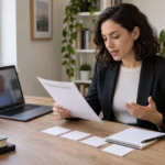 A job candidate reviews role notes and interview prompts at a bright desk.