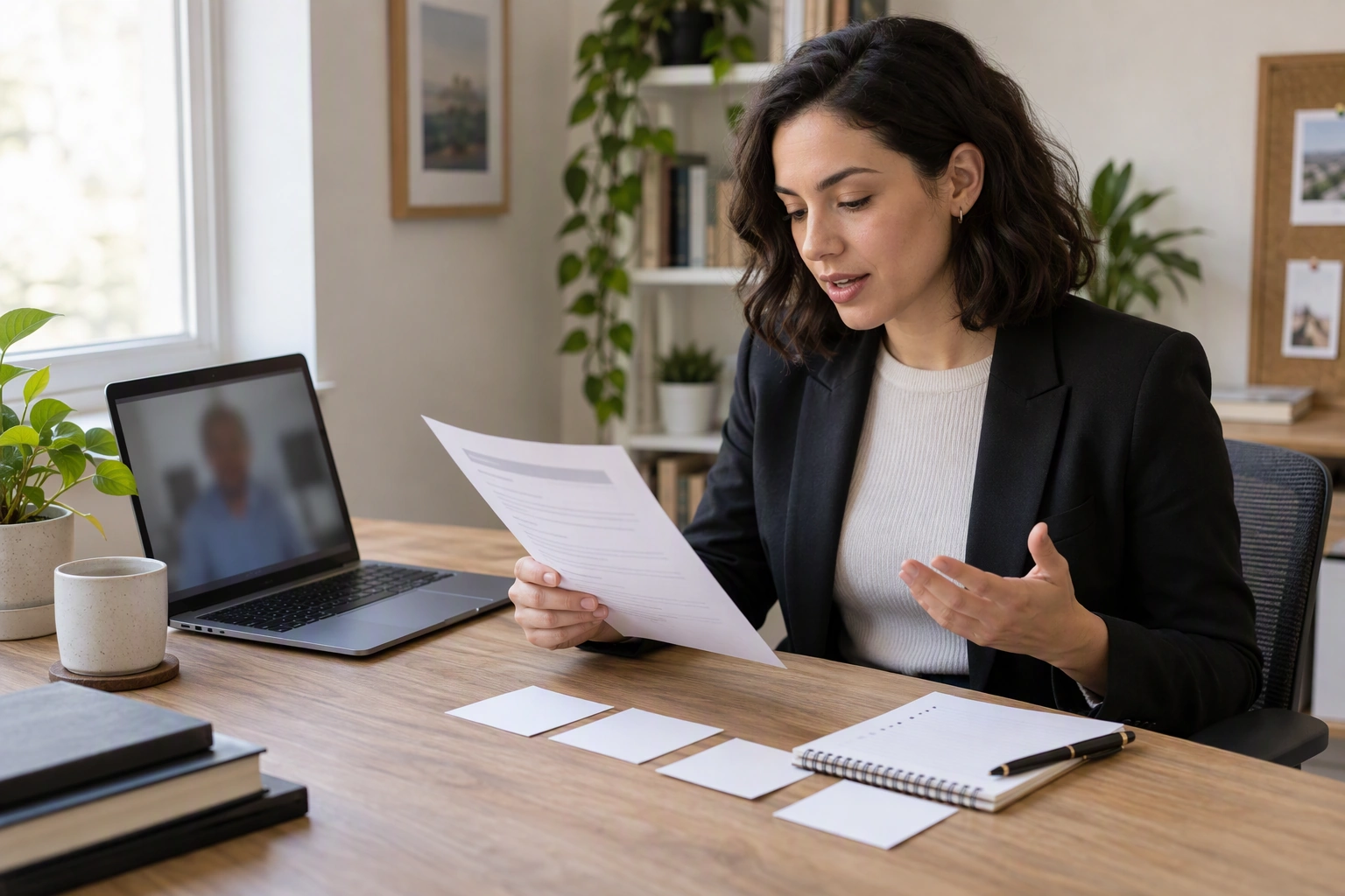 A job candidate reviews role notes and interview prompts at a bright desk.