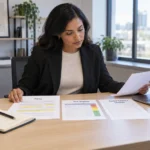 A compliance analyst candidate reviews a policy, risk register, and control evidence in a professional workspace.